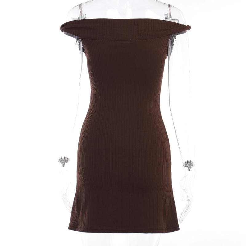 Off Shoulder Rib Knit Twist Knot Hardware Detail Bodycon Mini Dress