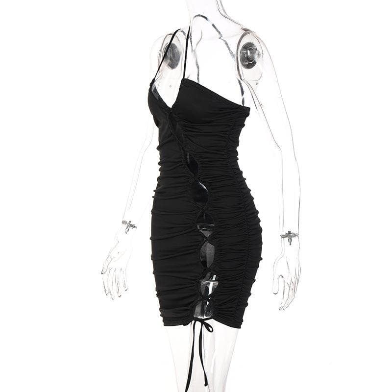 Spaghetti Strap Side Ladder Cutout Ruched Drawstring Bodycon Mini Dress