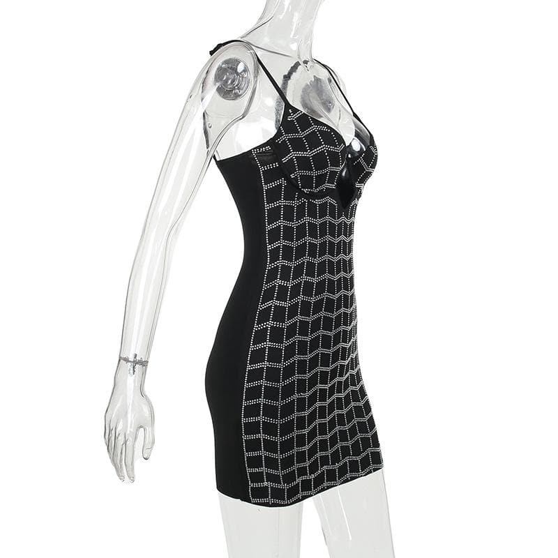 Rhinestone Grid Pattern Sweetheart Neck Cutout Bodycon Mini Dress