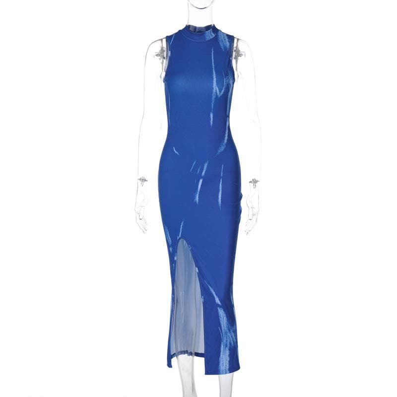 High Neck Sleeveless Abstract Distressed Print Side Slit Bodycon Maxi Dress