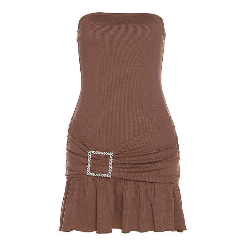 Rhinestone Buckle Ruched Rib Knit Ruffle Hem Tube Mini Dress