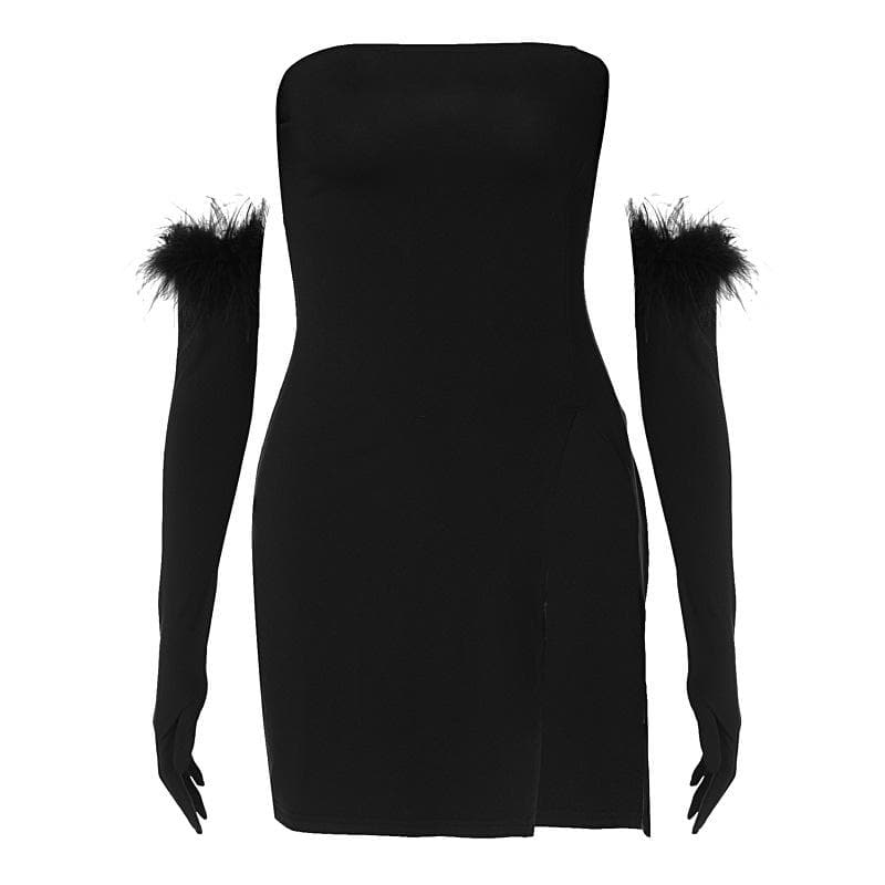 Strapless Feather Trim Opera Glove High Slit Tube Mini Dress