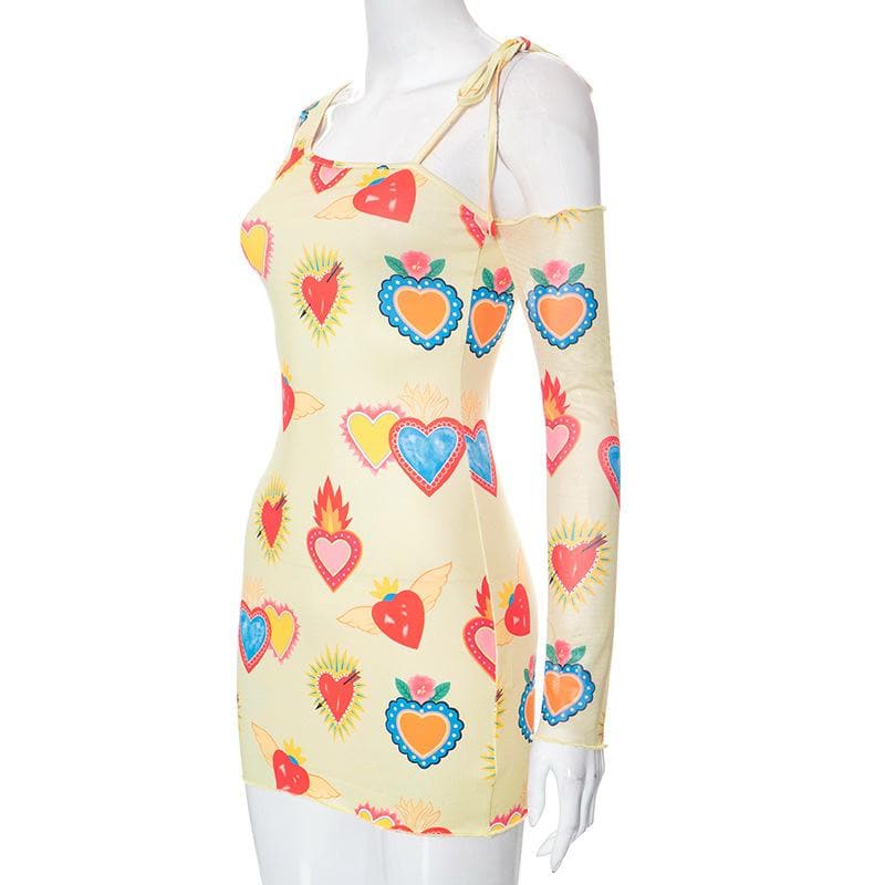 Asymmetrical One Shoulder Cold Shoulder Heart Print Long Sleeve Bodycon Mini Dress