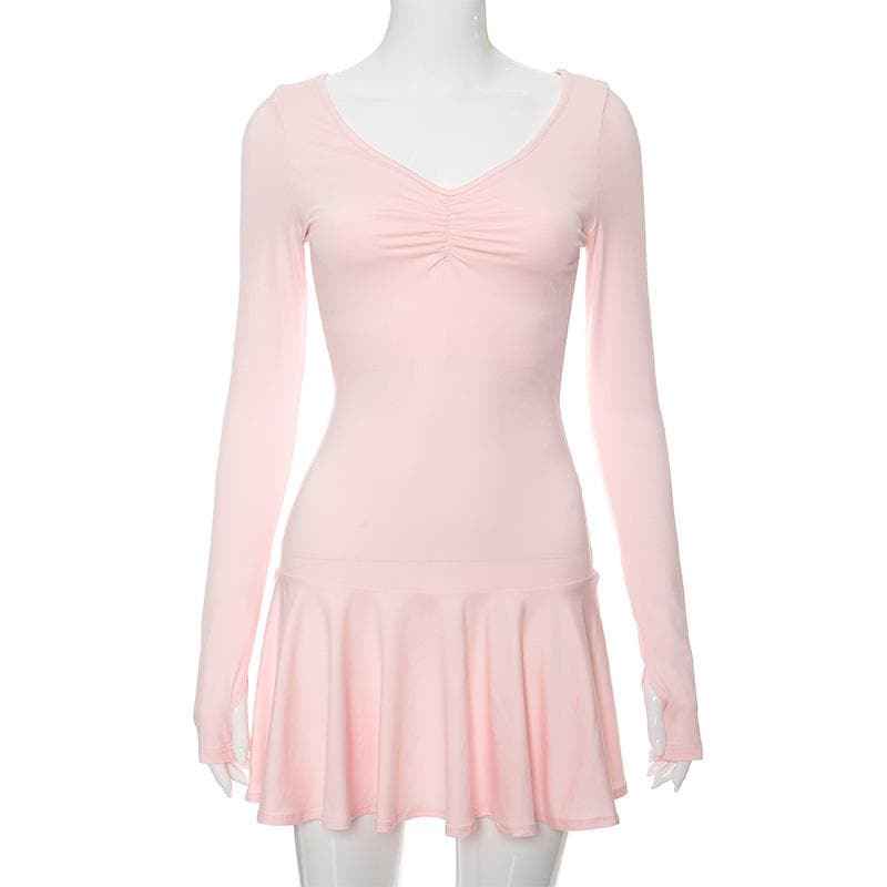 Deep V Ruched Glove Sleeve Ruffle Trim Mini Dress