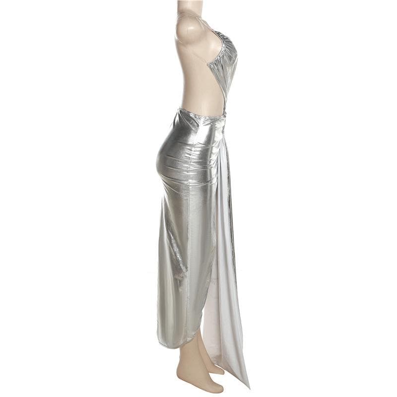 One Shoulder Metallic Ruched Side Cutout Draped Panel High Slit Maxi Dress