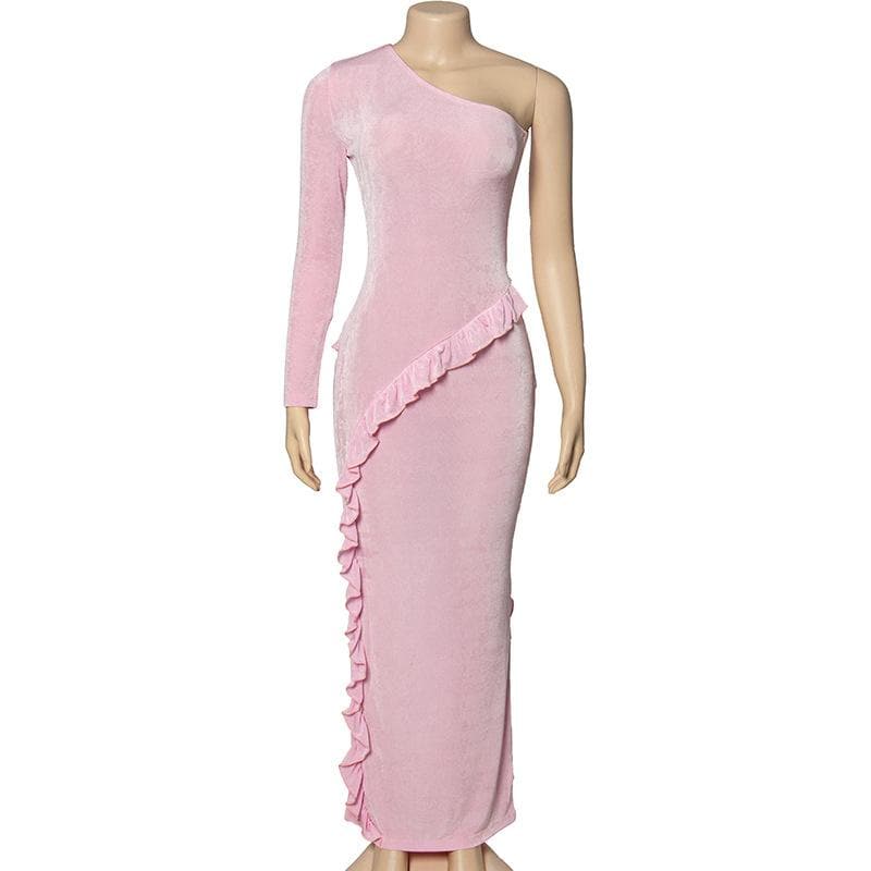 One-Shoulder Long Sleeve Diagonal Ruffle Trim Bodycon Maxi Dress