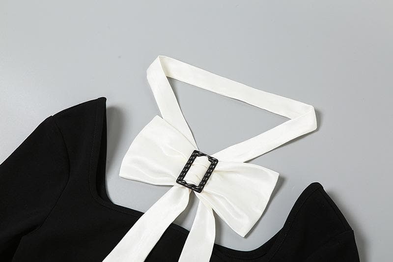 Square Neck Long Sleeve Buckle Bow Contrast Panel Mini Dress