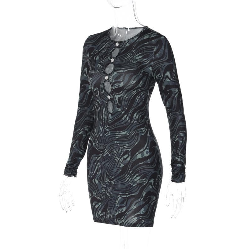 Crew Neck Long Sleeve Rhinestone Button Cutout Marble Print Mini Dress