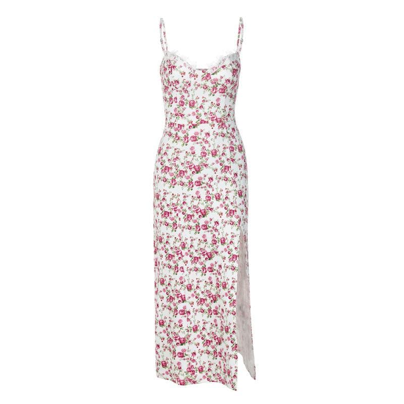 Sweetheart Neck Lace Trim Floral Print Side Slit Bodycon Midi Dress