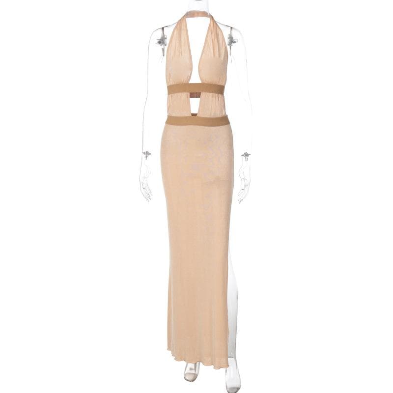 Halter Deep V Neck Mesh Band Cutout High Slit Bodycon Maxi Dress