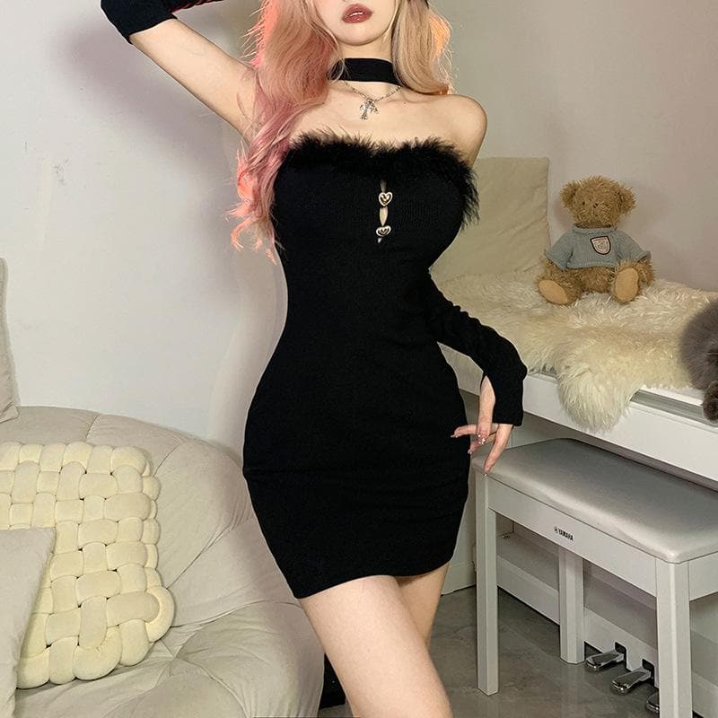 Strapless Faux Fur Trim Heart Hardware Keyhole Rib Knit Mini Dress