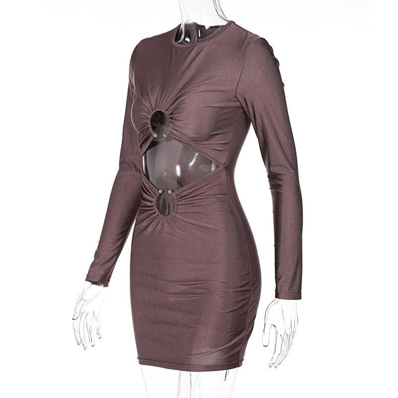 O-Ring Double Cutout Crew Neck Long Sleeve Ruched Bodycon Mini Dress