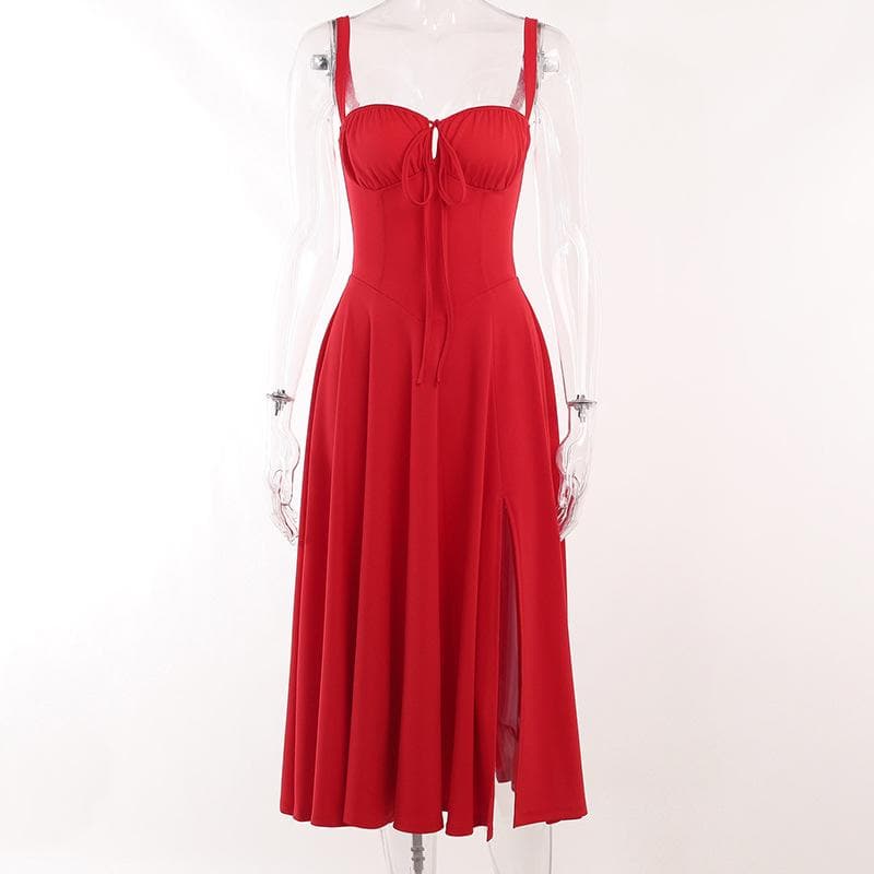 Ruched Sweetheart Neck Spaghetti Strap High Slit Midi Dress