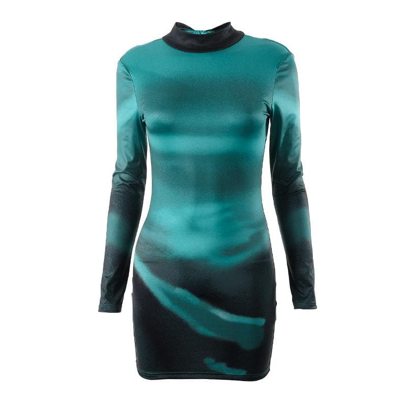 Abstract Print Long Sleeve Self Tie Backless Bodycon Mini Dress