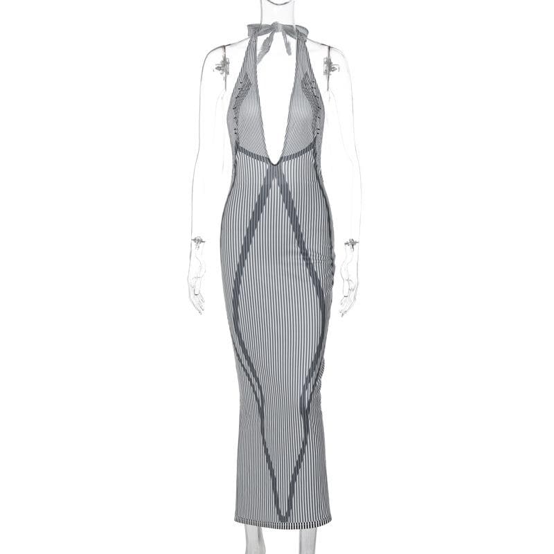 Pinstripe Plunge Halter Lace Trim Geometric Bodycon Maxi Gown