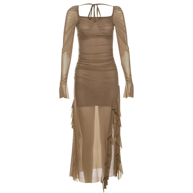 Long Sleeve Mesh Ruffle Self Tie Slit Maxi Dress