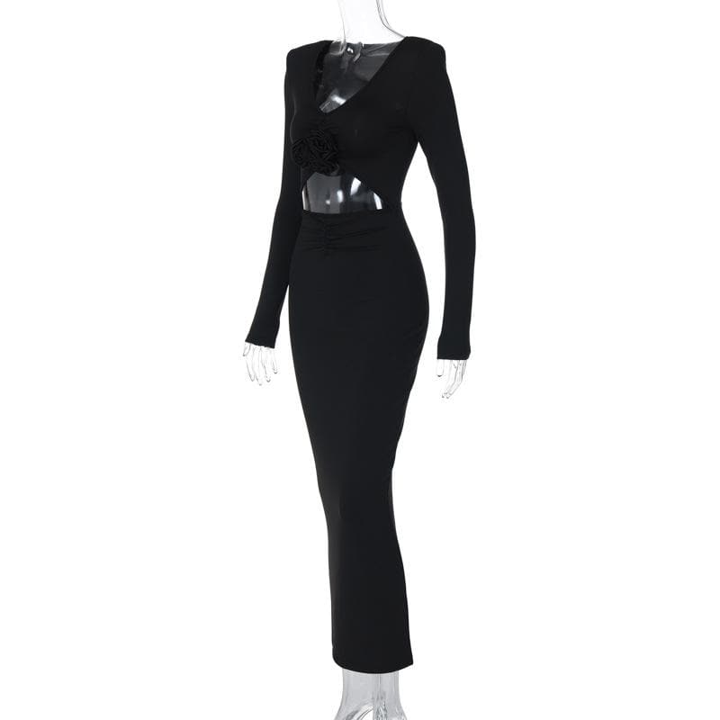 Deep V Neck 3D Rosette Applique Midriff Cutout Ruched Long Sleeve Maxi Dress