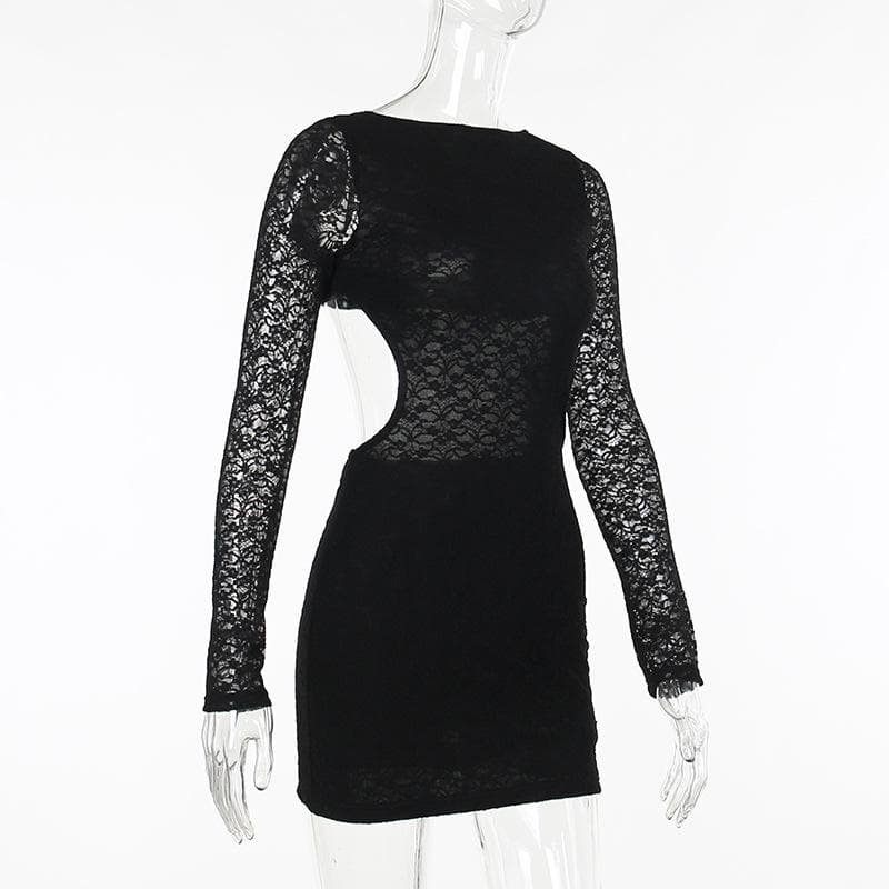 Boat Neck Floral Lace Long Sleeve Sheer Midriff Bodycon Mini Dress