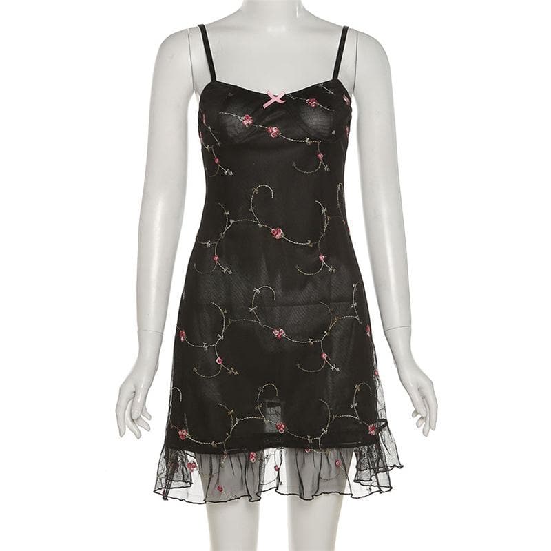 Flower Embroidery Mesh Ruffle Backless Cami Mini Dress