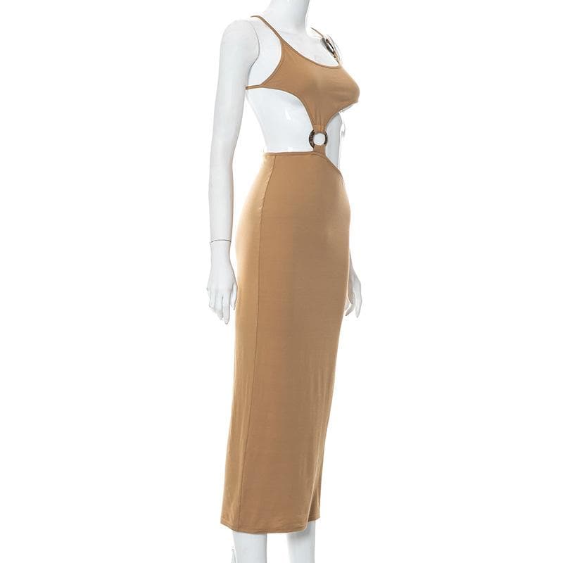 Scoop Spaghetti Strap O-Ring Asymmetric Waist Cutout Maxi Dress