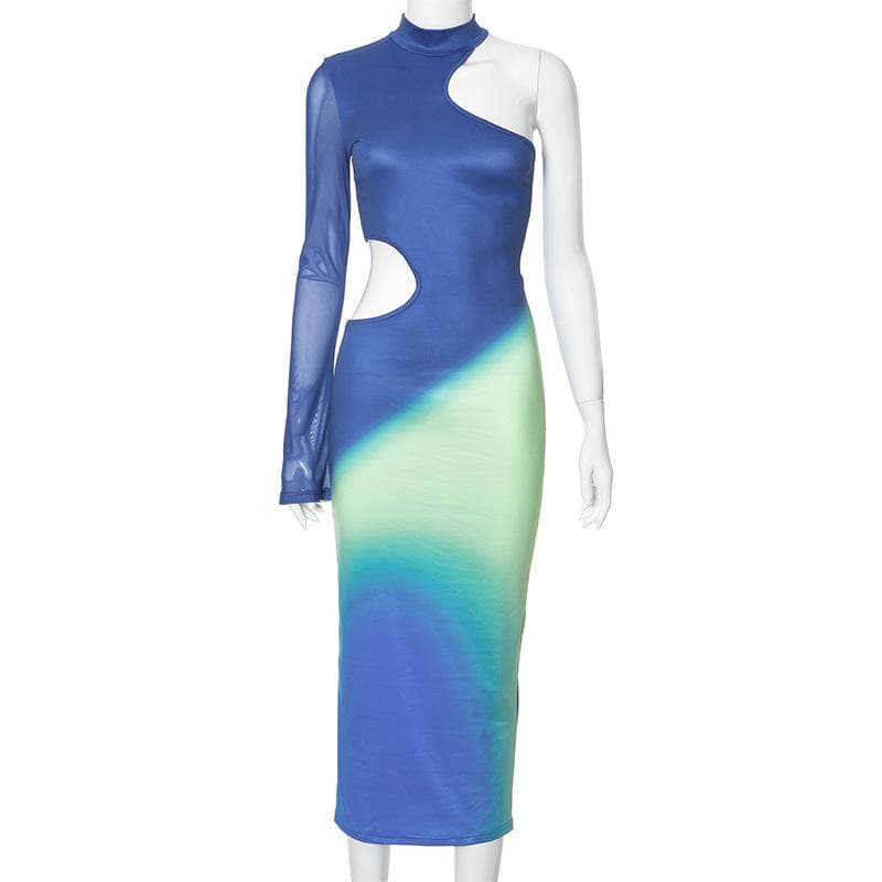 Mock Neck One-Sleeve Mesh Side Cutout Ombre Bodycon Maxi Dress