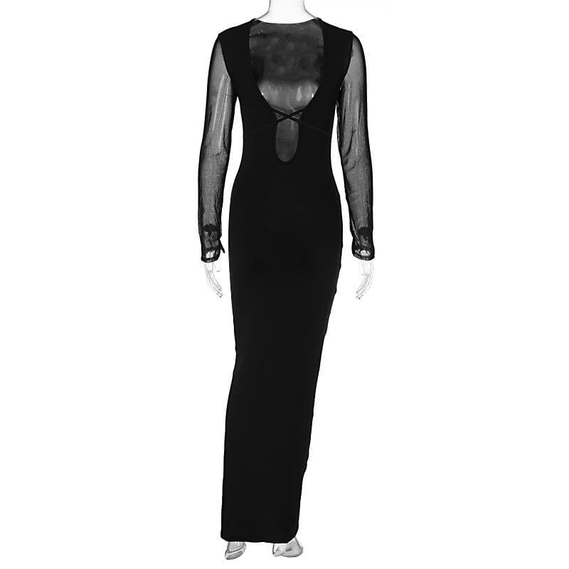 Mesh Patchwork Deep V Neck Cross Front Long Sleeve Maxi Dress
