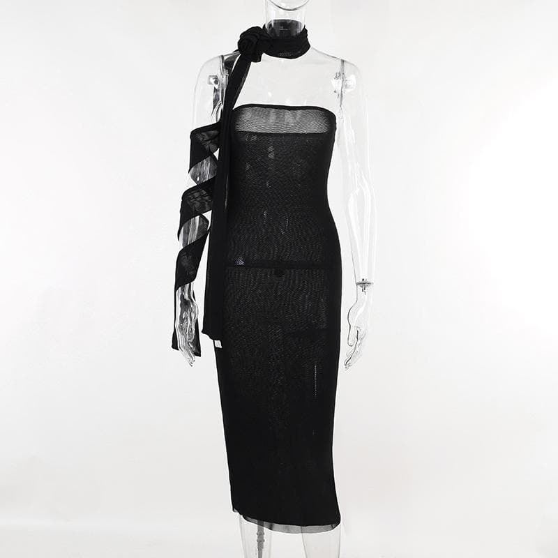 Strapless Flower Applique Lace-Up Ribbon Tube Midi Dress