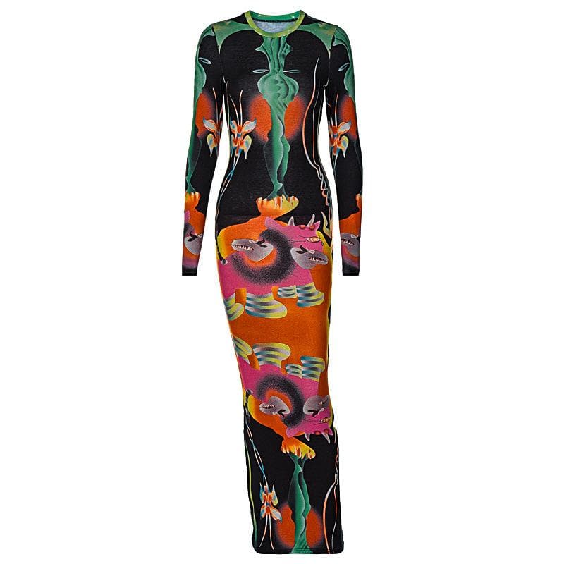 Crew Neck Long Sleeve Psychedelic Graphic Print Bodycon Maxi Dress