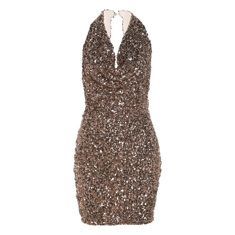 All Over Sequin Halter Cowl Neck Bodycon Mini Dress