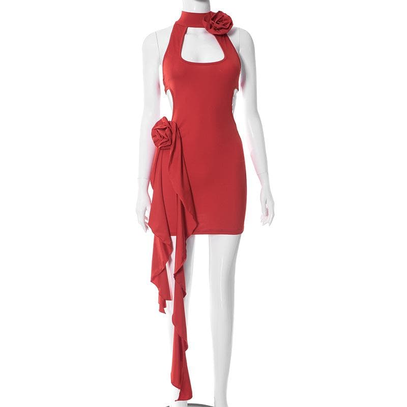 Halter Keyhole Neck Rosette Applique Cascading Ruffle Side Mini Dress