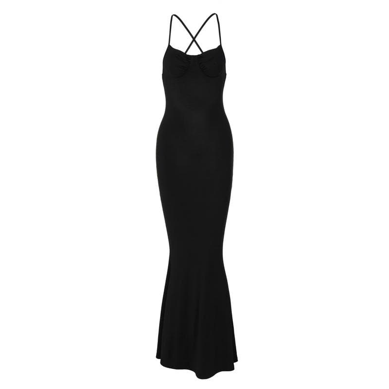 Cross Back Spaghetti Strap Cowl Back Satin Maxi Dress