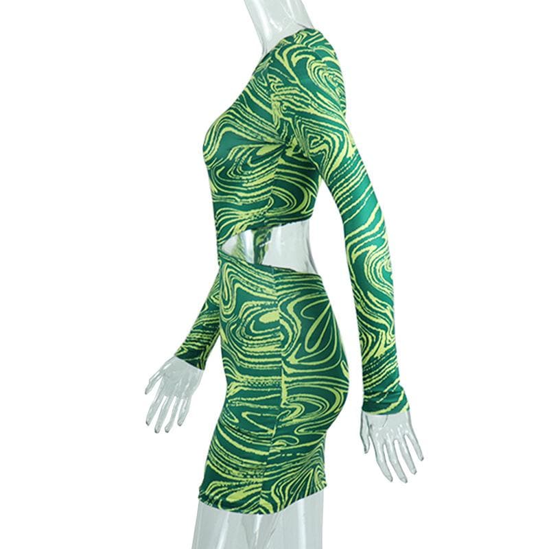 Crew Neck Long Sleeve Side Waist Cutout O-Ring Bodycon Mini Dress