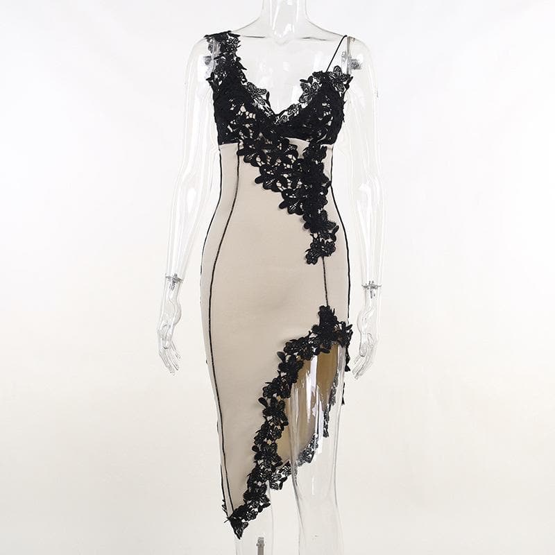 V-Neck Spaghetti Strap Floral Lace Applique Side Slit Bodycon Midi Dress