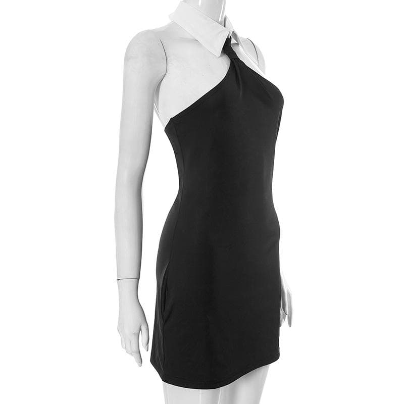Halter Neck Contrast Shirt Collar Necktie Knot Sleeveless Bodycon Mini Dress