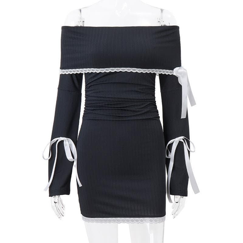 Off Shoulder Lace Trim Ribbon Bow Long Sleeve Ribbed Mini Dress