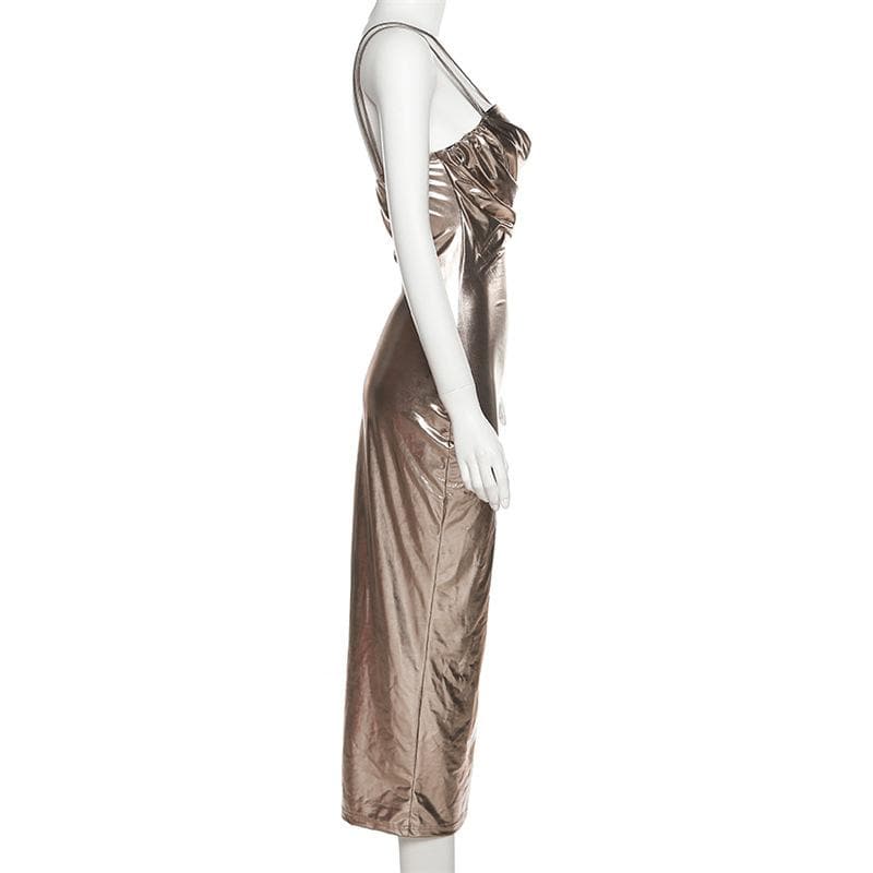 Metallic Sweetheart Ruched Spaghetti Strap Backless Maxi Dress