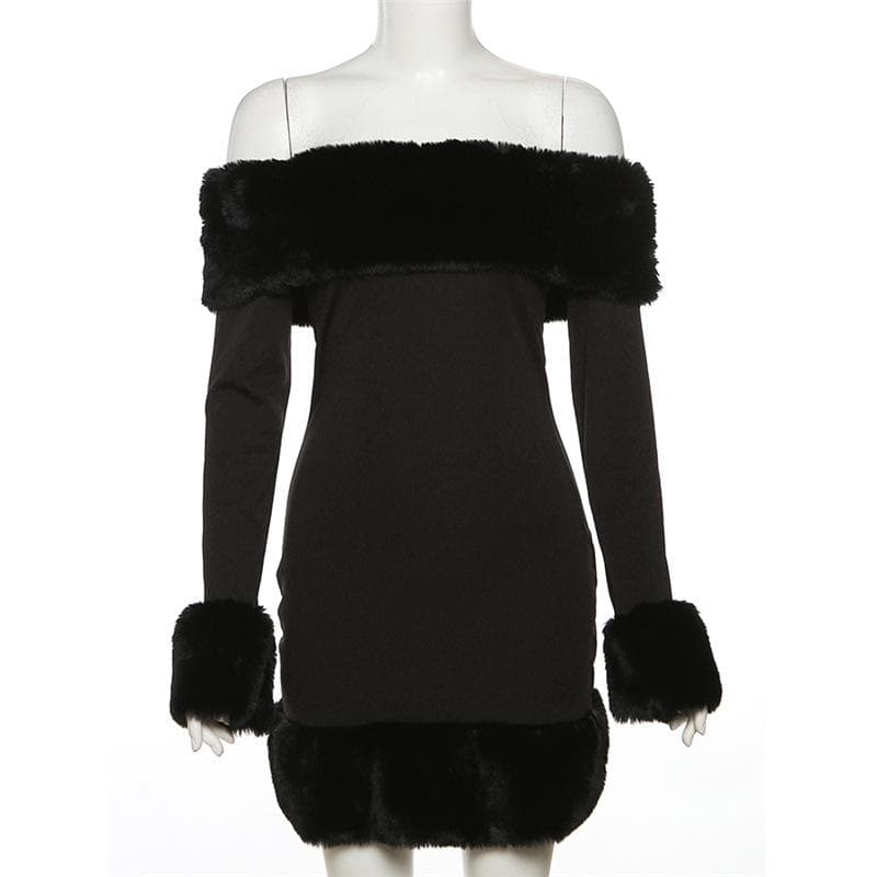 Faux Fur Trim Neckline Cuff Hem Off Shoulder Long Sleeve Bodycon Mini Dress