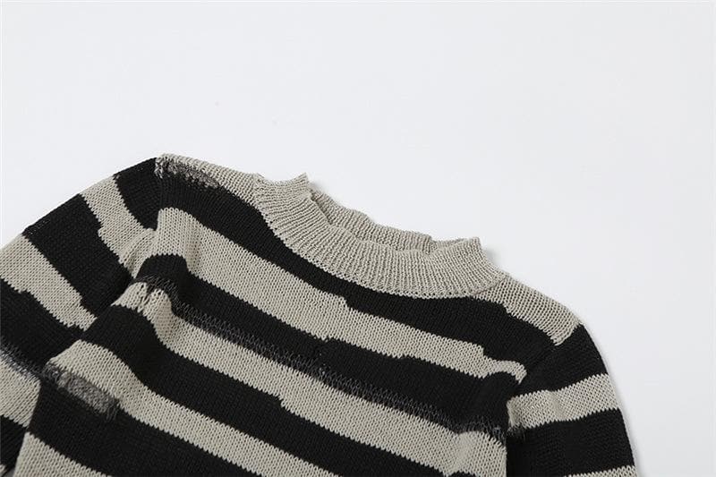 Crew Neck Distressed Open Knit Glitch Stripe Rib Knit Mini Dress
