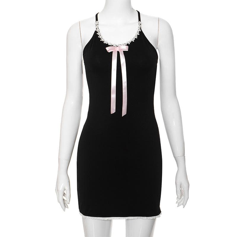 Lace Trim Scoop Neck Ribbon Bow Long Tail Lace Hem Mini Dress
