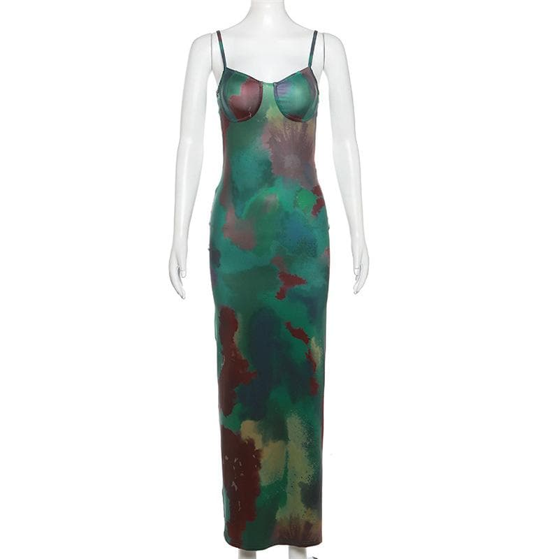 Sweetheart Spaghetti Strap Abstract Watercolor Print Bodycon Maxi Dress