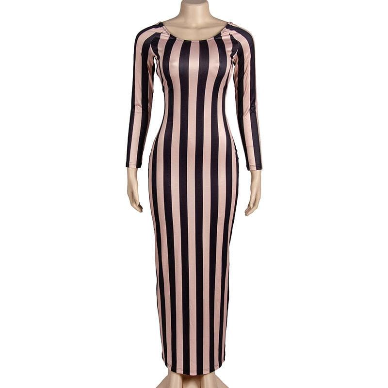 Vertical Stripe Long Sleeve Open Back Bodycon Maxi Dress