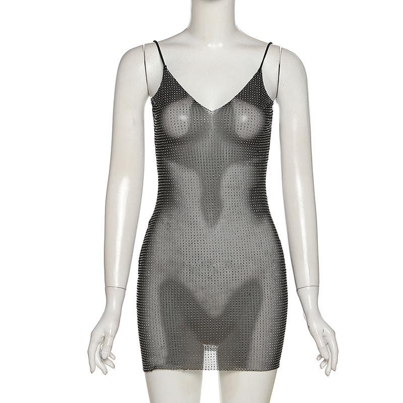 Rhinestone Mesh Deep V Spaghetti Strap Mini Dress