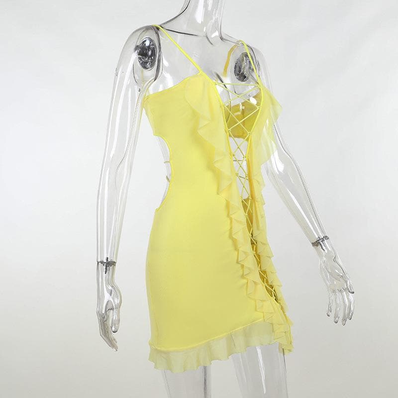 Halter Lace Up Ruffle Trim Asymmetric Hem Mini Dress