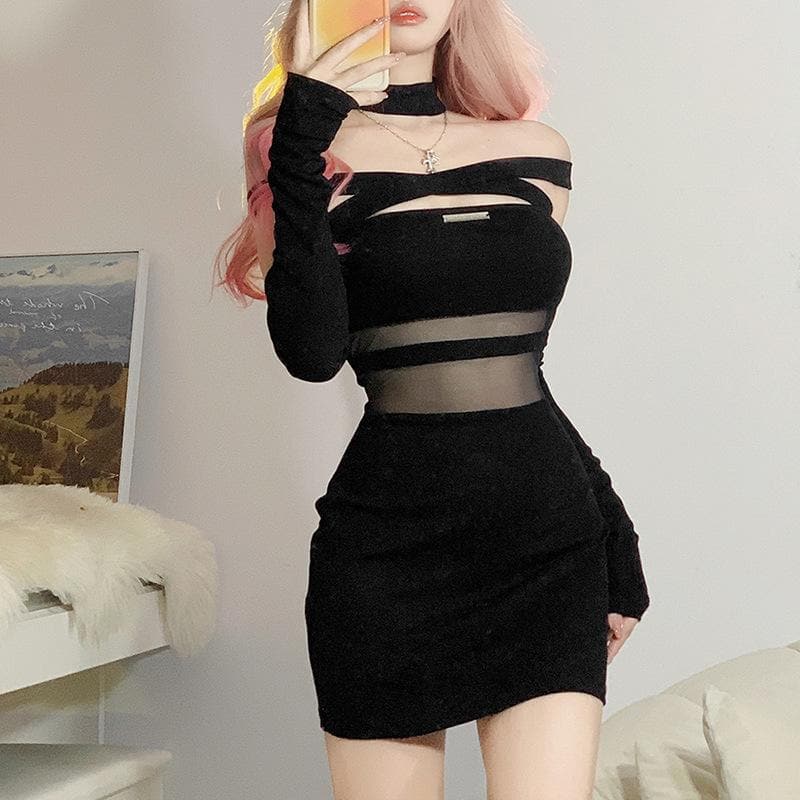 Off Shoulder Cross Strap Mesh Panel Logo Plate Glove Sleeve Mini Dress