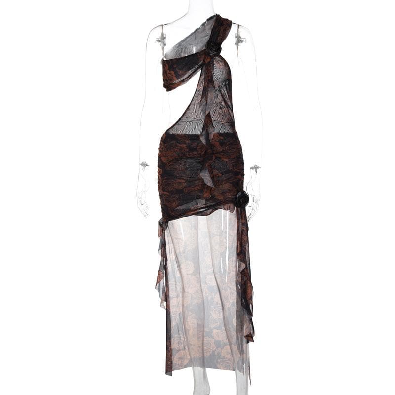 One-Shoulder Applique Cutout Ruched Asymmetric Hem Midi Dress