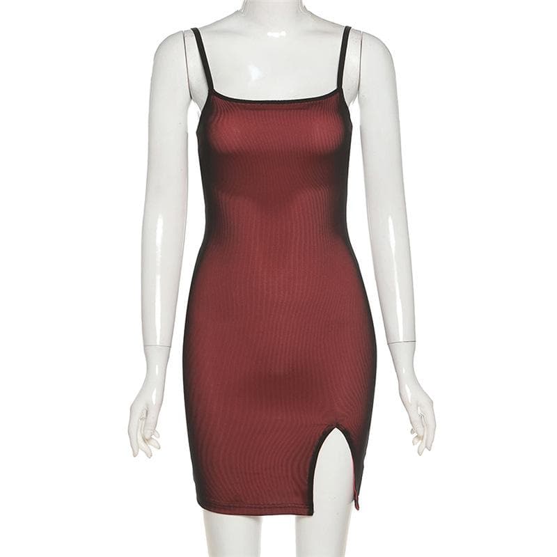 Square Neck Spaghetti Strap Ribbed Knit Side Slit Bodycon Mini Dress