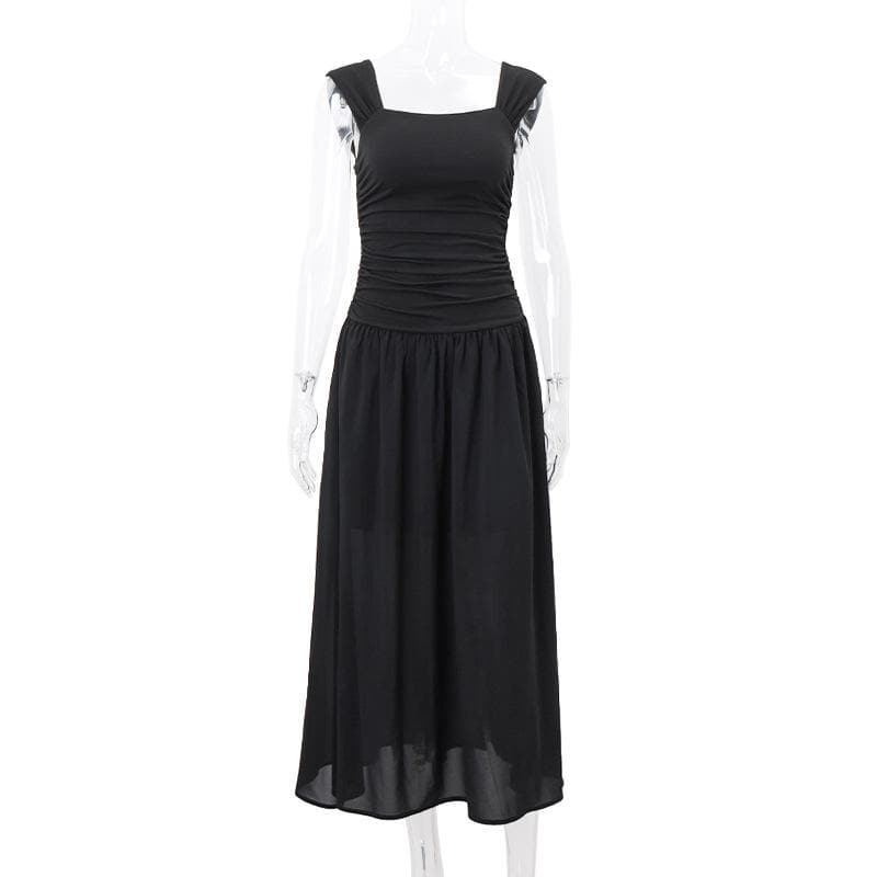 Square Neck Wide Strap Ruched Bodice Dropped Waist Gathered Maxi Dress