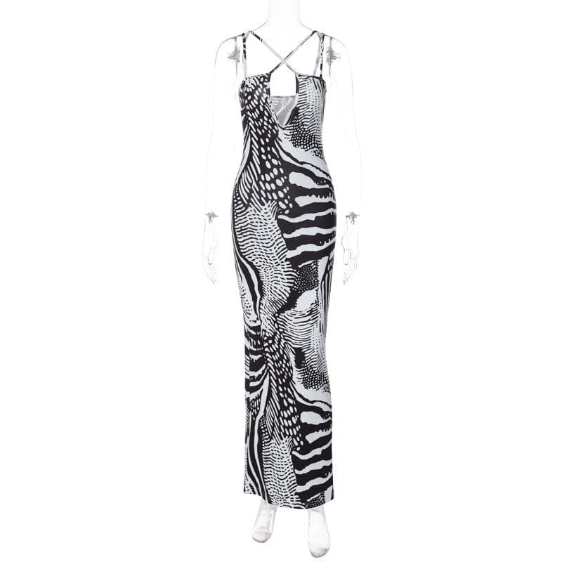 Crisscross Strap Keyhole Cutout Abstract Print Bodycon Maxi Dress