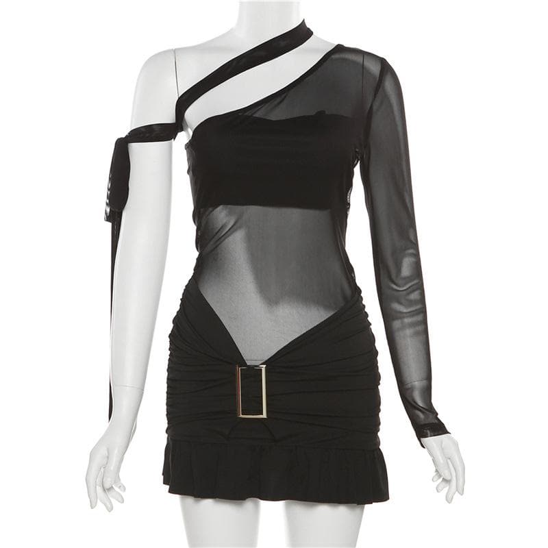 One Shoulder Mesh Bodice Metal Buckle Ruched Low Rise Ruffle Hem Mini Dress