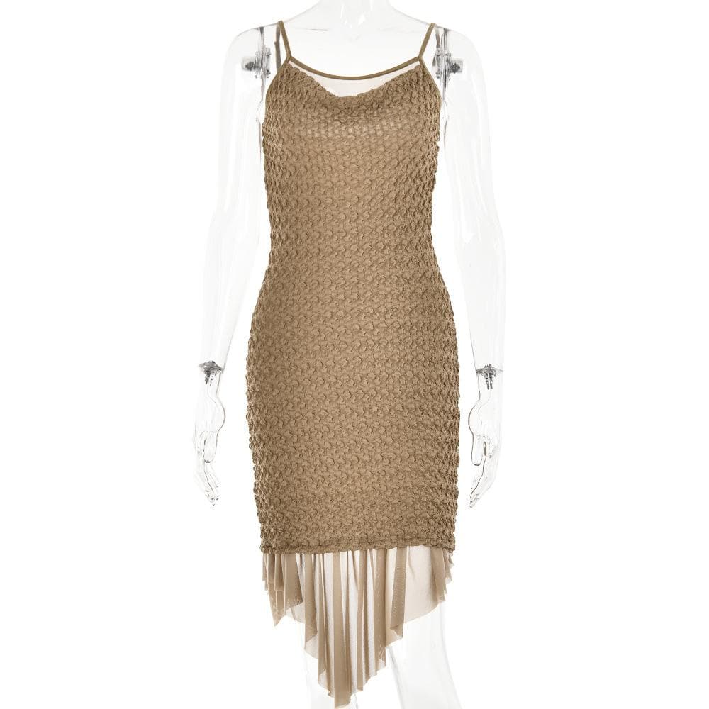 Spaghetti Strap Cowl Neck Popcorn Knit Layered Hem Bodycon Midi Dress